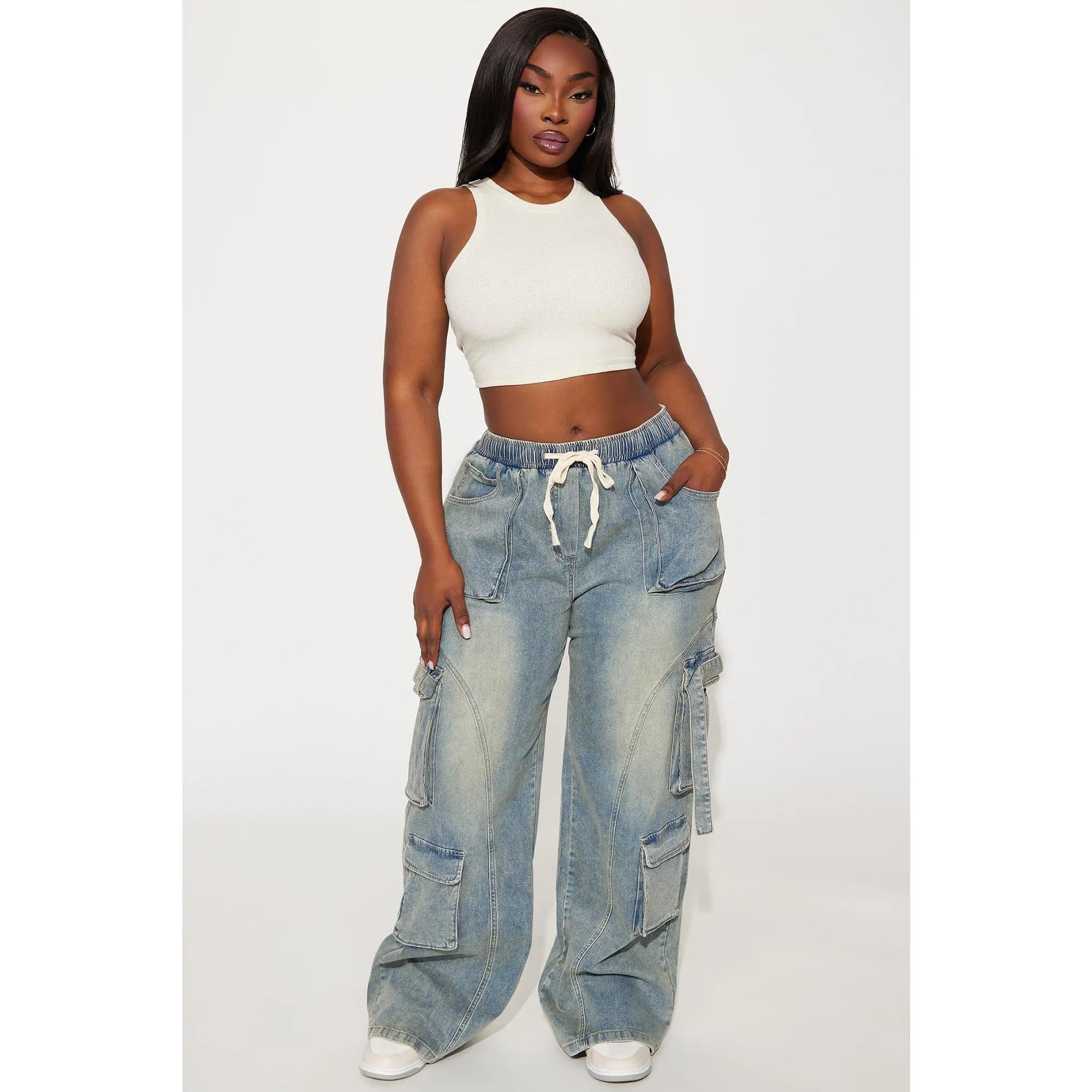 Met My Match Baggy Cargo Jeans - Vintage Wash