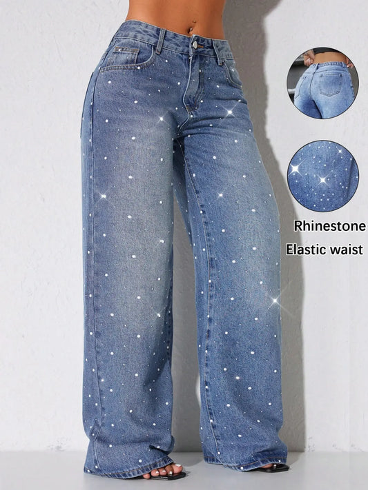 Women'S Blue Denim Wide Leg Pants, Loose Fit Everyday Casual Style, Mid-Waist Long Jeans with Elastic Waist, All Seasons Fashion Womenswear Bottom