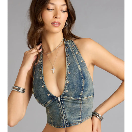 Front Row Fierce Denim Crop Top